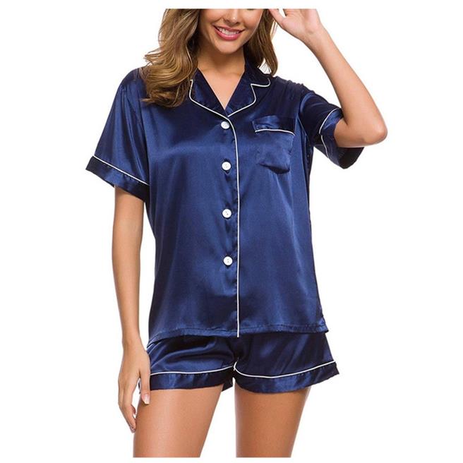 Soft Glossy Button Up Short Sleeve Night Pyjamas ladies Sleeping Clothes Nightwear Women