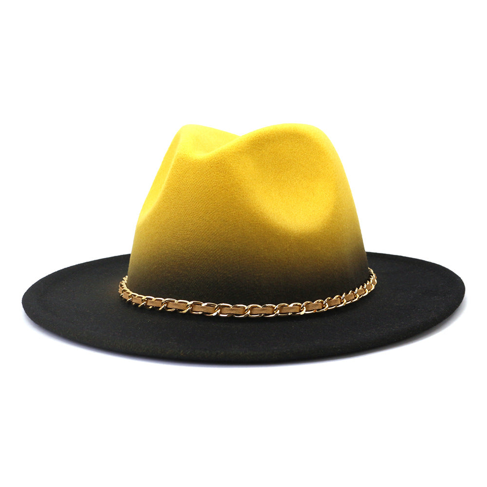 Gold Link Chain Detail Flat Brim Woolen Jazz Hat