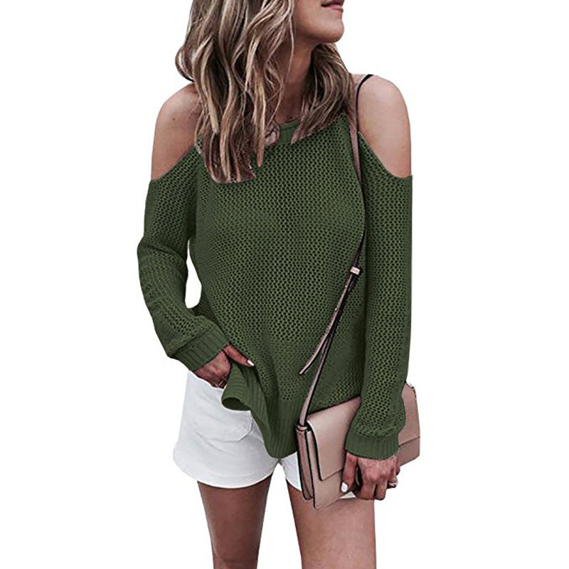 Loose Round Neck Long Sleeve Off the Shoulder Knitted Wool Top