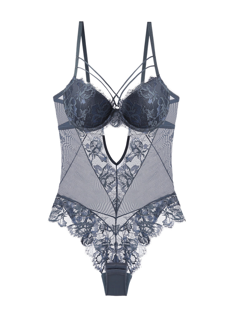 Strapping Lace Detail Sheer Mesh Floral Embroidery One-Piece