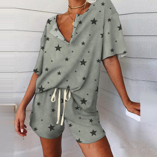 Loose Short Sleeve Button Up V Drawsrtring Pajama Set