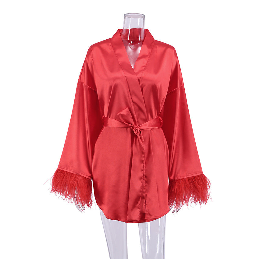 Nightgown Feather Long Sleeve Pajamas Cardigan Casual Simulated Silk Casual Solid Color