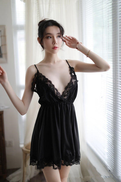 Lace Hem Embroidery Elastic Waist Night Dress Red White Black