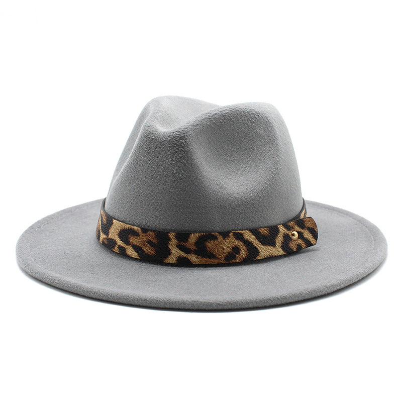 Leopard Print Detail Woolen Flat Brim Fedora