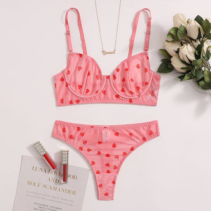 Love Heart Print Mesh Lace G String Set