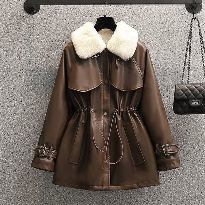 Winter Fashion Temperament Waist-controlled Fleece-lined Leather Coat