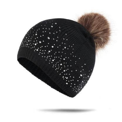 Women's Multicolor Dot Diamond Phone Case Headband Fur Ball Autumn And Winter Knitted Beanie wiht Pompom