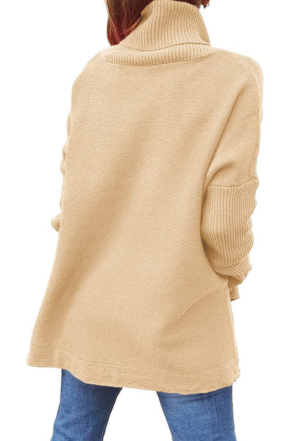 Turtleneck Sweater Mid Length Batwing Sleeve Slit Hem Tunic Pullover