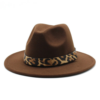 Leopard Print Detail Woolen Flat Brim Fedora