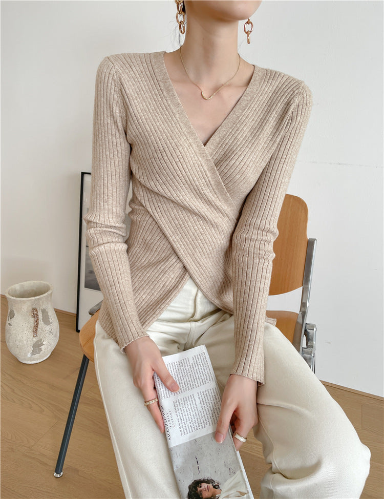 V-neck Cross Design Irregular Slim-fit Knitwear