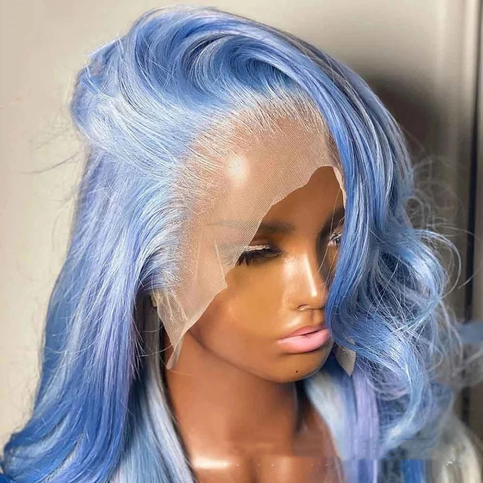 Real Human Hair Sky Blue Body Wave Human Hair Lace Front Wigs