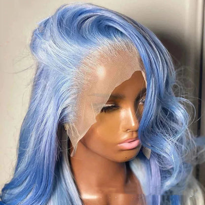 Real Human Hair Sky Blue Body Wave Human Hair Lace Front Wigs