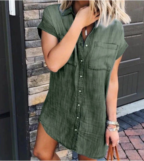 Button Up Short-sleeved Denim Shirt Dress