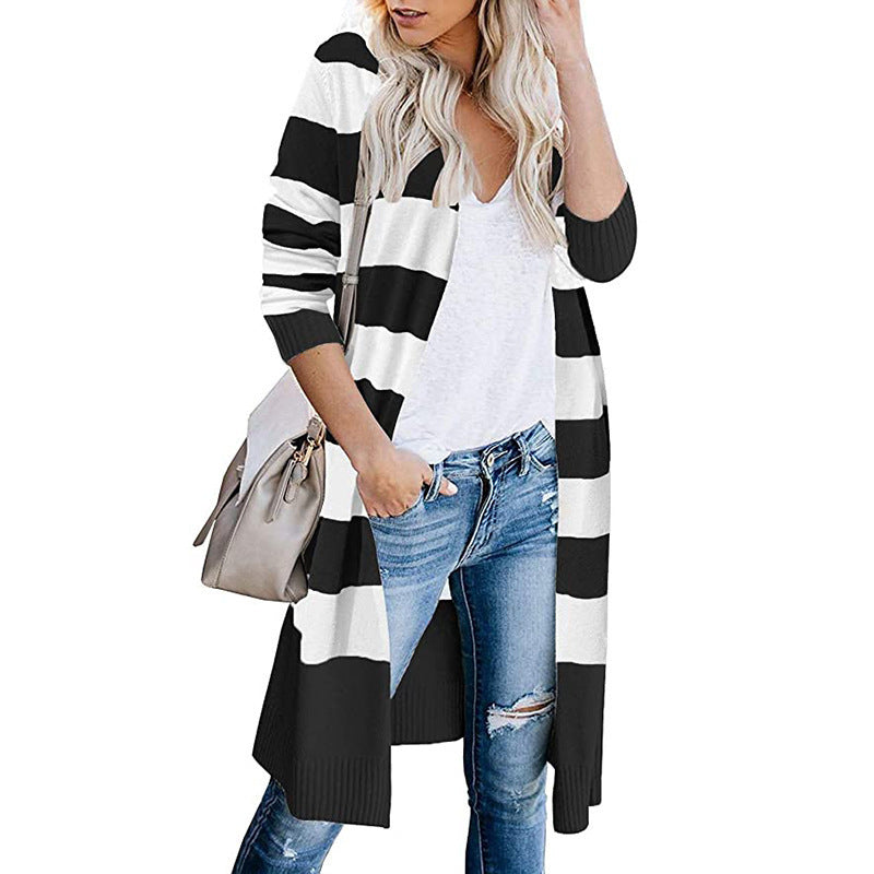 Two Tone Striped Full Length Cardigan