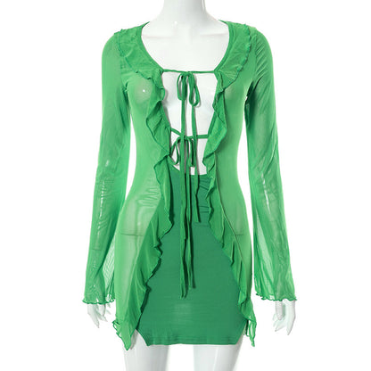 Mesh Half Sleeve Ruffled Lace-up Mini Dress