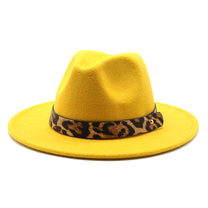 Leopard Print Detail Woolen Flat Brim Fedora