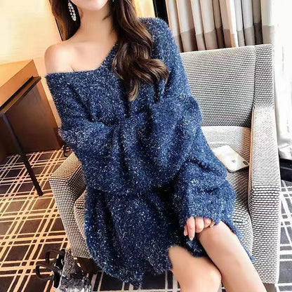 Matel Silk Quarter Sleeve Loose Knit V Neck Oversized Knitwear Sweater