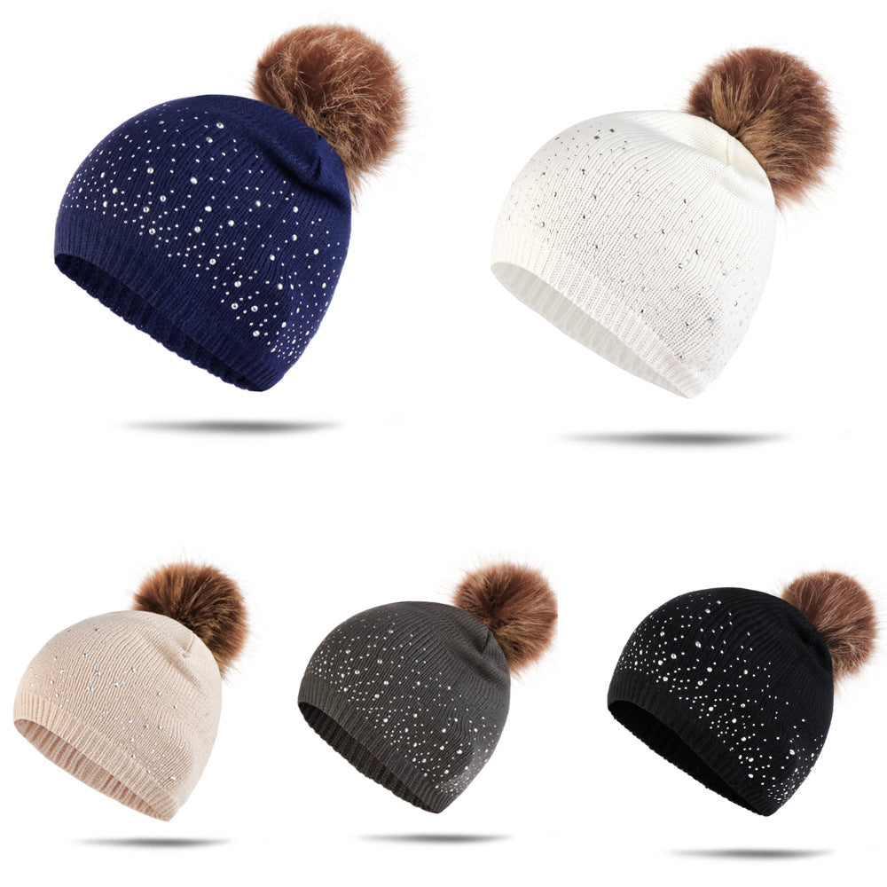 Women's Multicolor Dot Diamond Phone Case Headband Fur Ball Autumn And Winter Knitted Beanie wiht Pompom