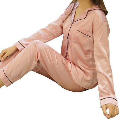 Ice Silk Long Sleeve Striped Button Up Pajama Set