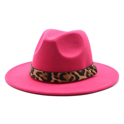 Leopard Print Detail Woolen Flat Brim Fedora