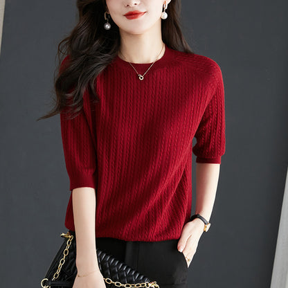 Thin Loose Twist Embroidery Half Sleeve Top