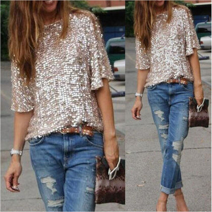 Fashion Women Sexy Loose Off Shoulder Sequin Glitter Blouses Summer Casual Shirts Vintage Streetwear Party Tops