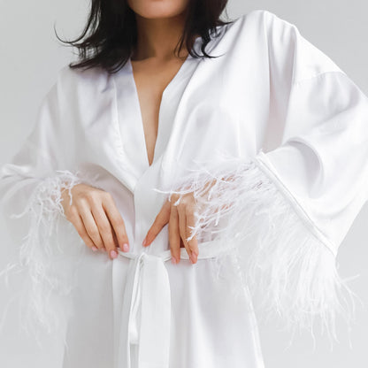 Nightgown Feather Long Sleeve Pajamas Cardigan Casual Simulated Silk Casual Solid Color