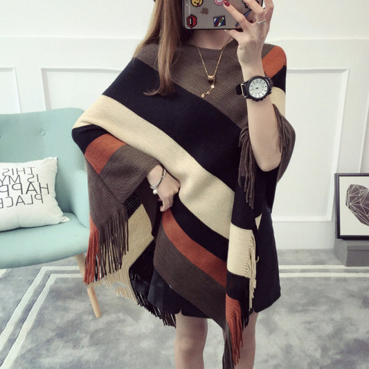 Pastel Tone Stripe Embroidery Tassel Overcoat Poncho Outerwear