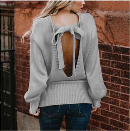 U Neck Long Sleeve Back Bow Tie Knitted Sweater Knitwear