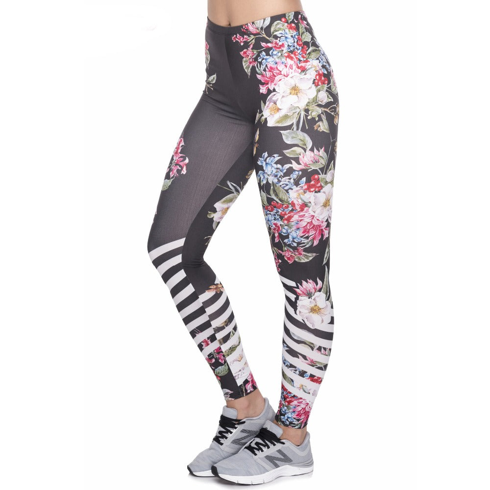 Floral Print Shin Stripe Detail Leggings