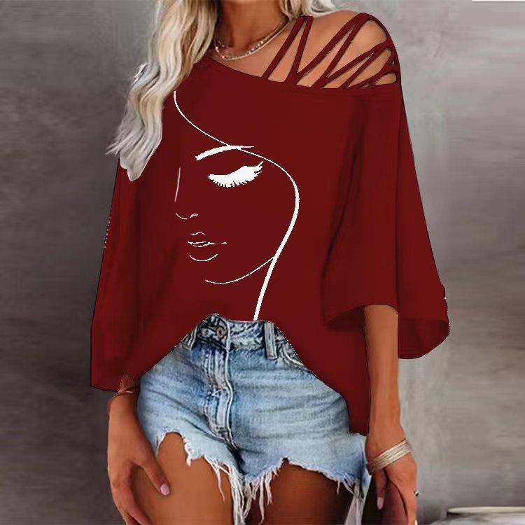 Off the Shoulder Fashion Stitching Loose Sleeve Casual Top