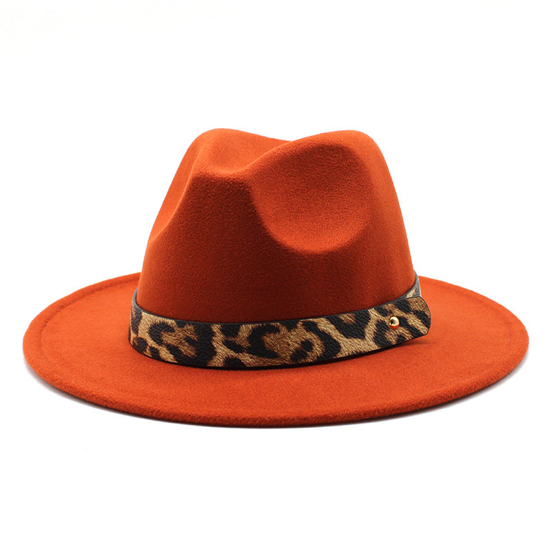 Leopard Print Detail Woolen Flat Brim Fedora