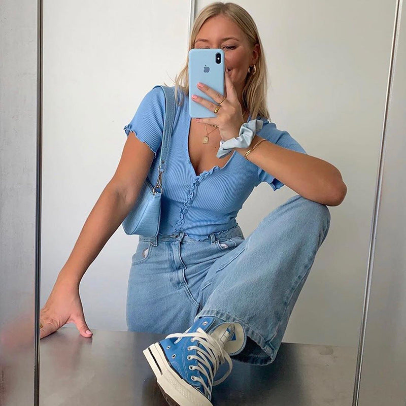 Pastel V Neck Ruffles Short Sleeve T Shirt Women Summer Casual Button Crop Top Basic Blue T Shirt Tops