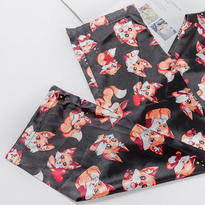 Fox Print Full Length Pants Bralette Combo Pajama Set