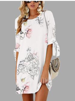 Middle-sleeve Floral-print Lace-up Crew Neck Dress