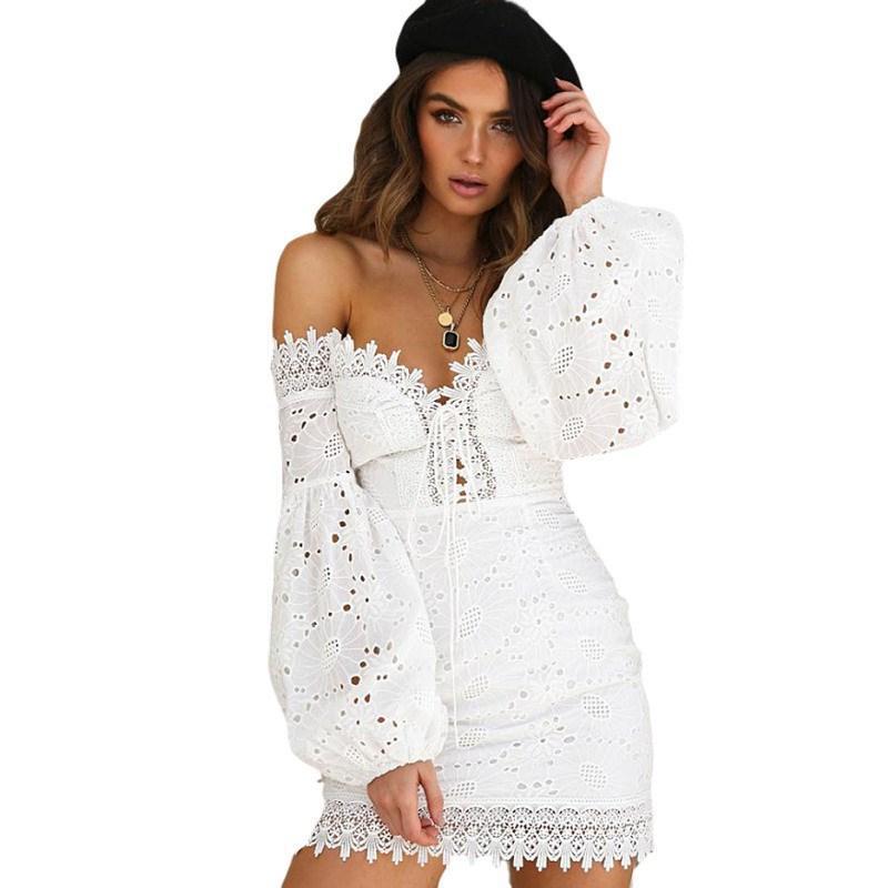 White Off the Shoulder Lace Hem Detail Boho Mini