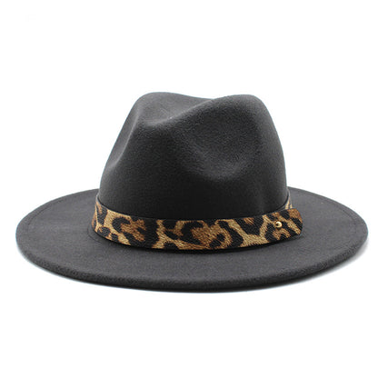 Leopard Print Detail Woolen Flat Brim Fedora