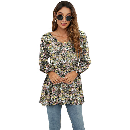 Floral Print Casual V-Neck Long Sleeve Blouse