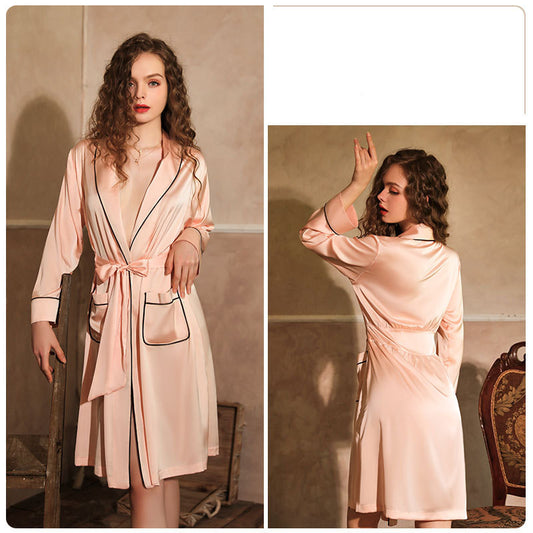 Imitation Silk Private Room Mid-length Nightgown Bathrobe Set