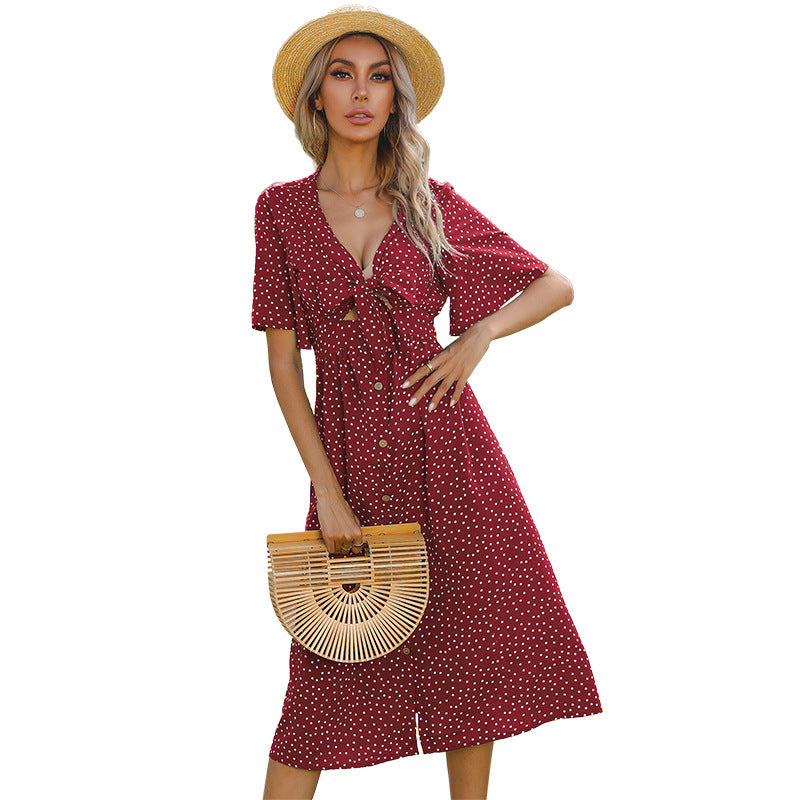 Long Polka-Dot Sexy Hollow Lotus Leaf Sleeve Bowknot Dress Women