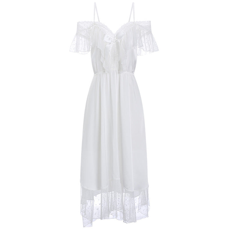 White Ice Silk Suspender Lace Two Piece Night Dress