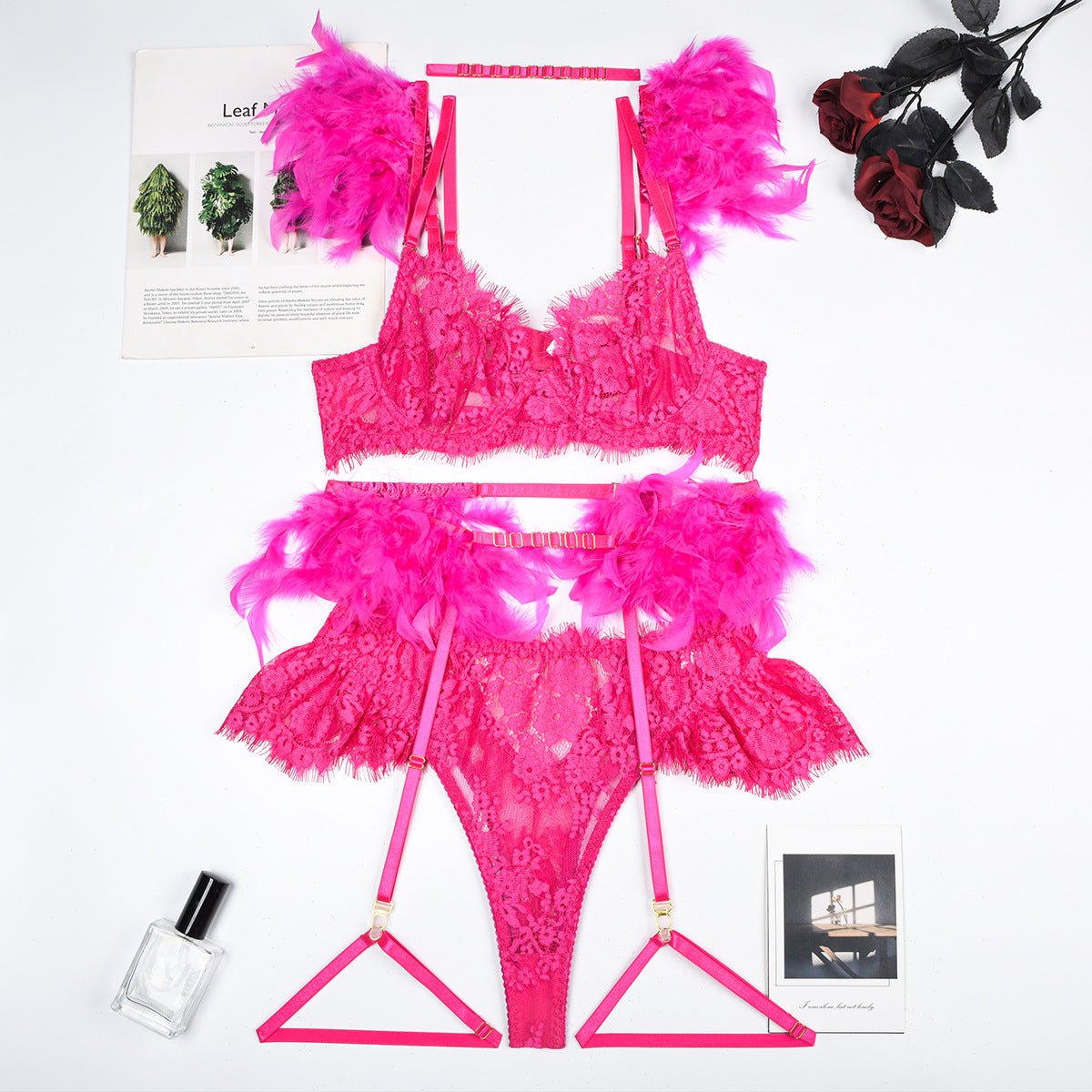 Feather Trim Lace Lingerie Set