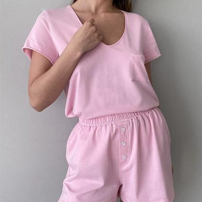 Marshmellow Pink Casual V-neck Shorts Pajama Set