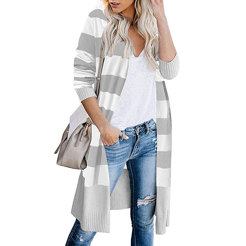 Two Tone Striped Full Length Cardigan