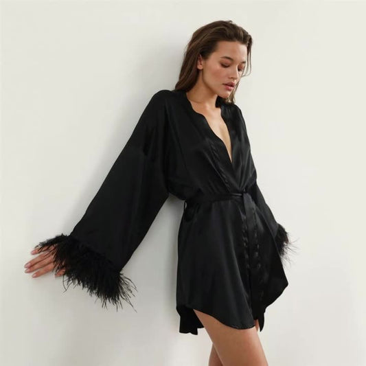 Nightgown Feather Long Sleeve Pajamas Cardigan Casual Simulated Silk Casual Solid Color