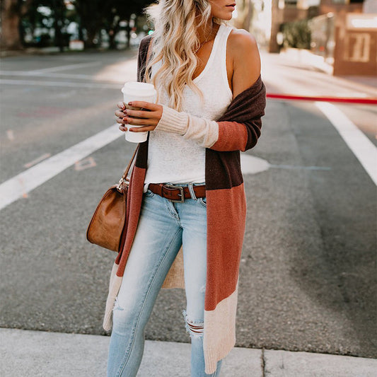 Tricolor Stripe Panel Long Cardigan