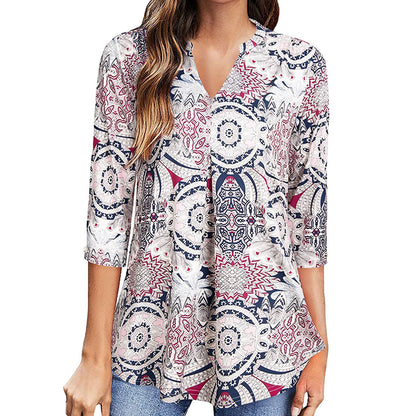 Flowers Print V Neck Long Sleeve Blouse