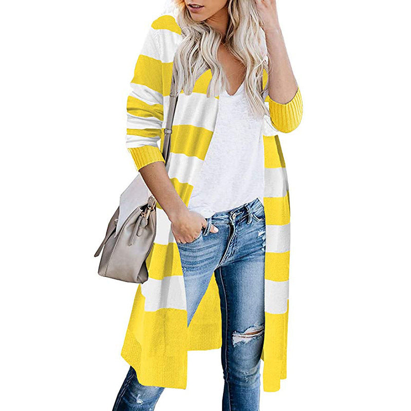 Two Tone Striped Full Length Cardigan