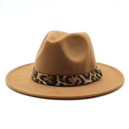 Leopard Print Detail Woolen Flat Brim Fedora