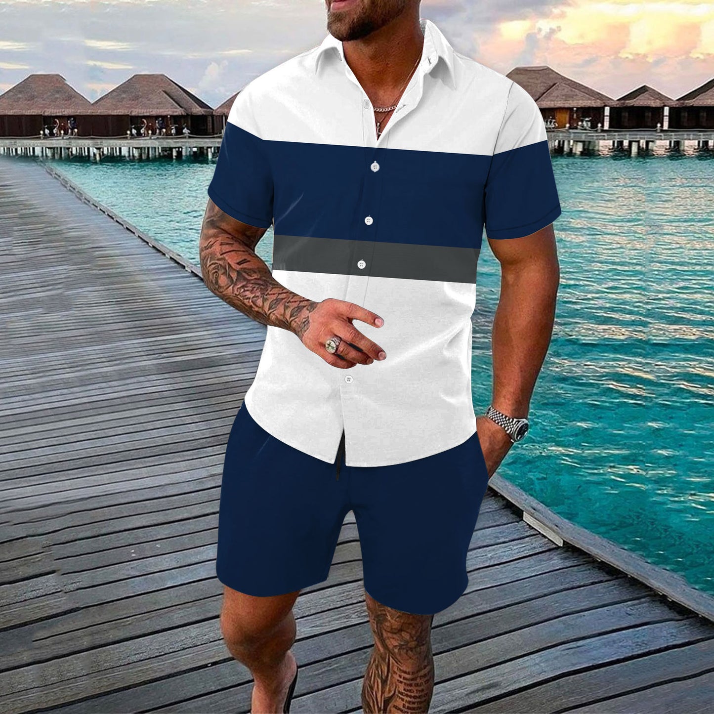 3 Tone Button Up Shirt and Shorts